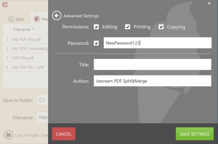 Settings for the output PDF file Settings for the output PDF file
