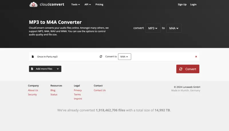 Convert MP3 to M4A online using CloudConvert